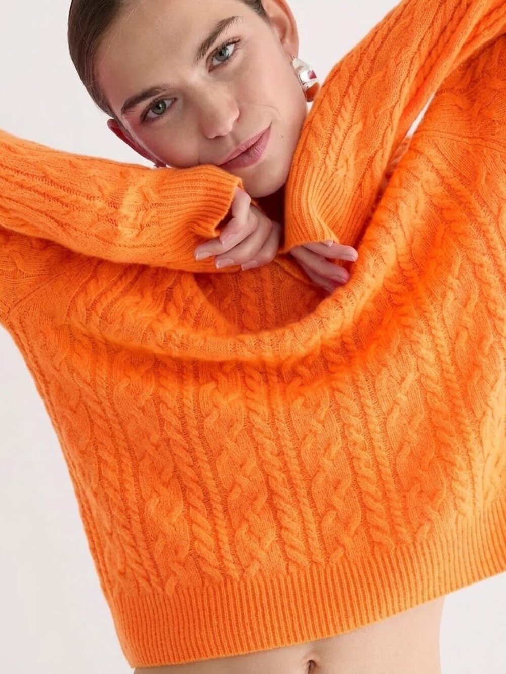 NWT J.Crew Cashmere Cropped Cable-knit Crewneck Sweater in Neon Orange S